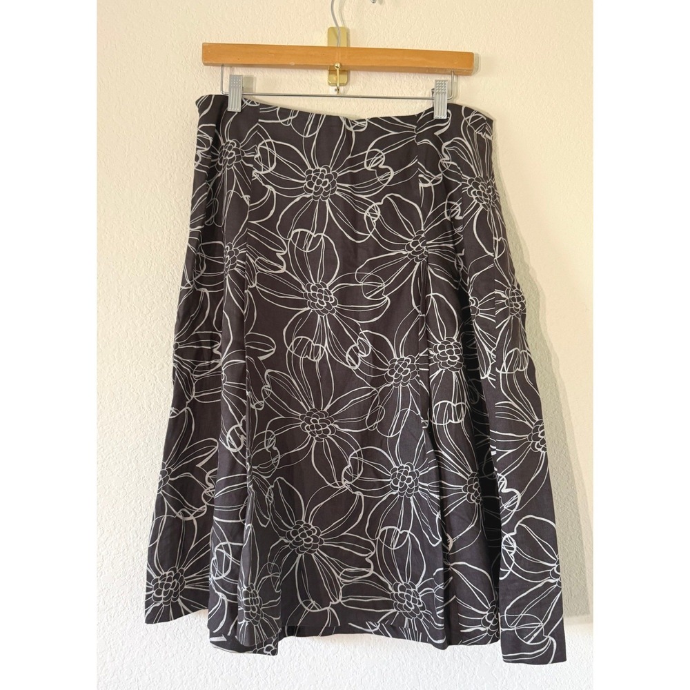 Willi Smith Brown White Floral 100% Linen Midi Skirt Womens Size 10 fairygrunge